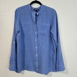 Lands End Mp Blue Linen Collar Roll Tab‎ Sleeve Button Front Shirt